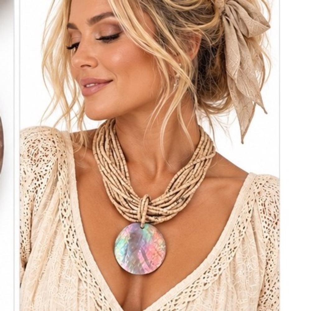 Bohemian Multi Strand Wood Bead Necklace Iridescent Abalone Beach Shell Pendant